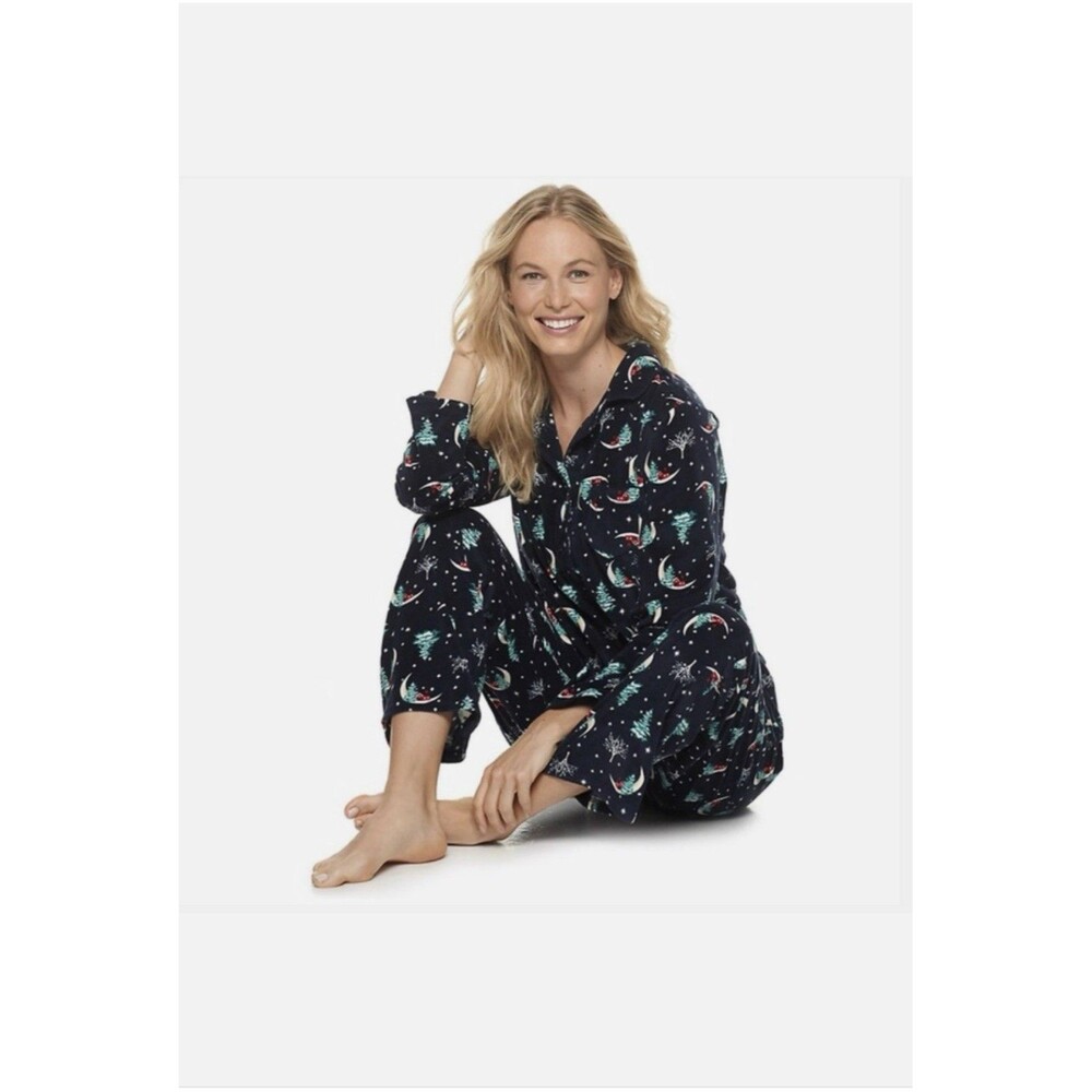 Croft & Barrow Pajama Set Size Small Navy Blue Holiday Velour Faux Fur Women’s